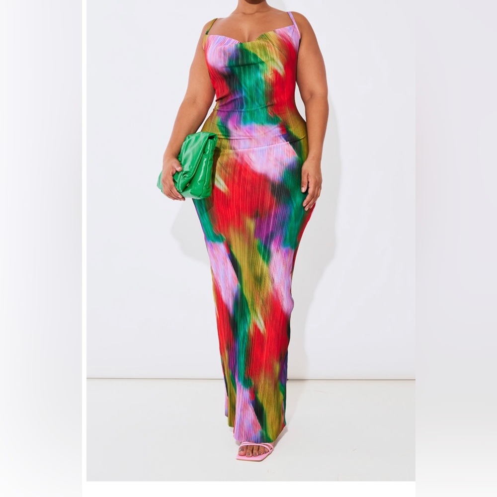 Plus Multi Printed Plisse Cowl Neck Maxi Dress